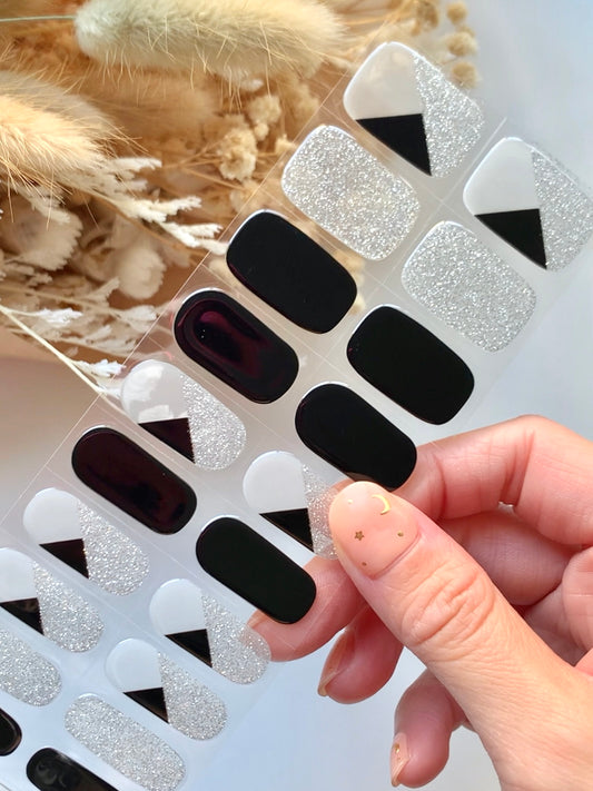 Tangram (Black & Silver Glitter) Semi-Cured Gel Nail Stickers